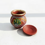 Clay karwa pot with lid off showing gold rim and rhinestone band - Divine Sansar