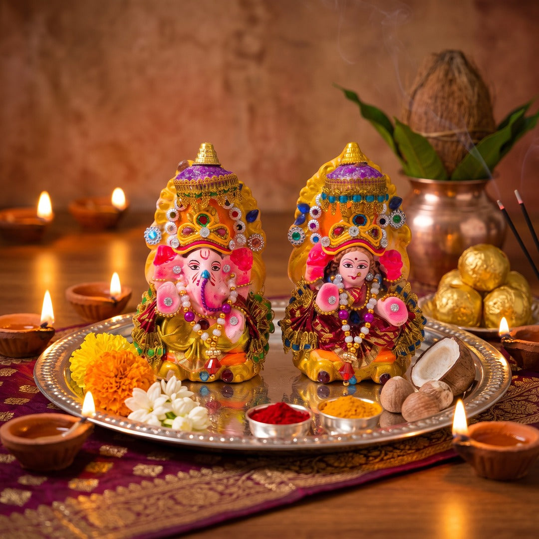 Clay Laxmi Ganesh idols on a silver Lakshmi Puja thali with diyas, kalash and marigold for Diwali - Divine Sansar