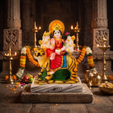 Durga Mata statue on a home mandir altar with brass diyas and marigold garlands - Divine Sansar