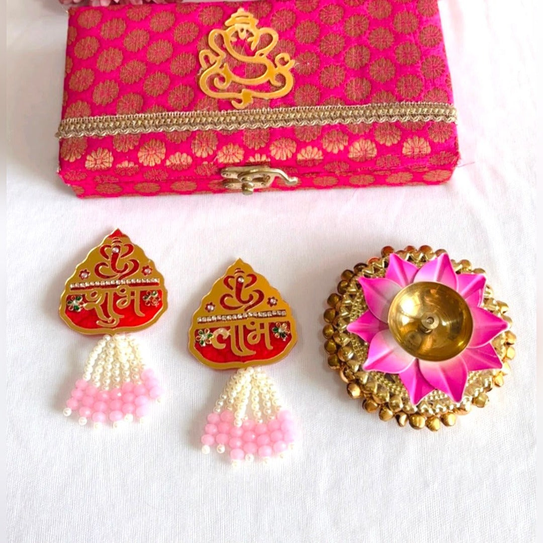 Ganesh brocade gift box set with Shubh Labh pair and lotus diya styled for Diwali - Divine Sansar