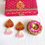 Ganesh brocade gift box set with Shubh Labh pair and lotus diya styled for Diwali - Divine Sansar