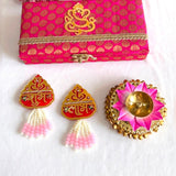 Ganesh brocade gift box set with Shubh Labh pair and lotus diya styled for Diwali - Divine Sansar