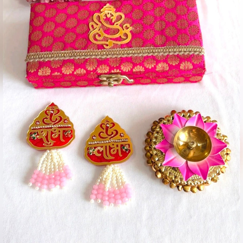 Ganesh brocade gift box set with Shubh Labh pair and lotus diya styled for Diwali - Divine Sansar