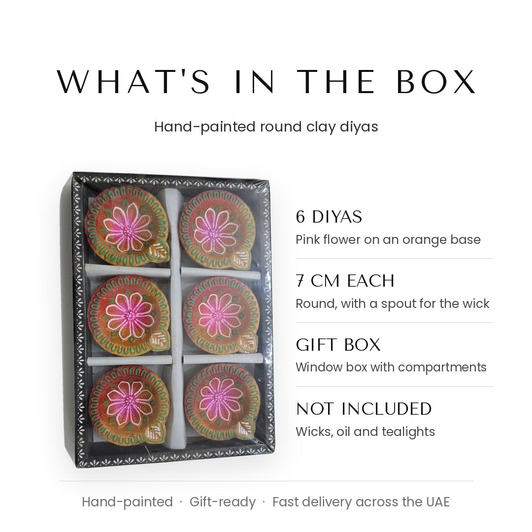 What is in the box - 6 hand-painted round clay diyas, 7 cm each - Divine Sansar