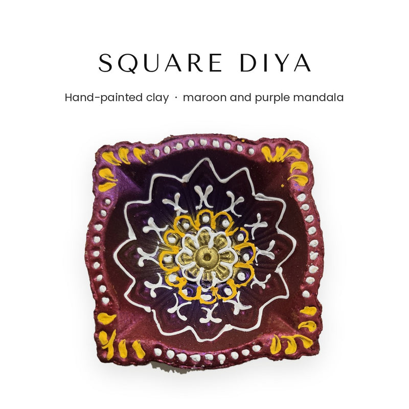 Hand-painted square clay diya with maroon and purple mandala, top view - Divine Sansar