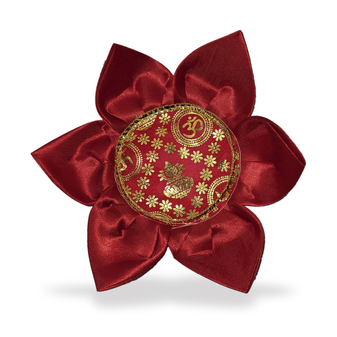 Red satin Kamal Aasan lotus seat with gold Om, Swastik and Kalash printed centre by Divine Sansar