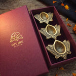 Set of 3 brass Kamal Diyas in a maroon gift box - Divine Sansar
