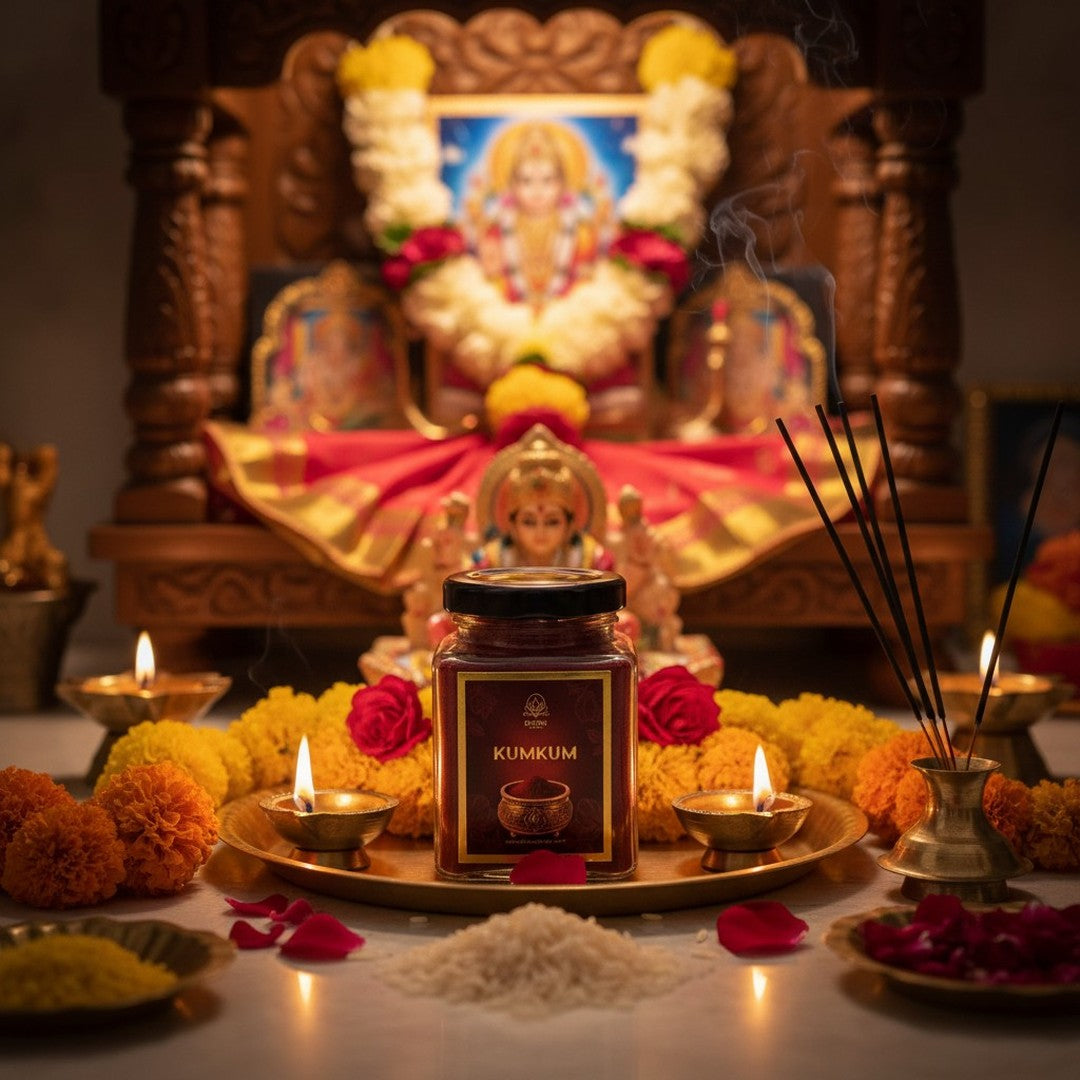 Kumkum powder jar on a brass pooja thali before a home mandir with diyas and marigolds - Divine Sansar UAE