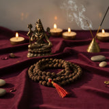 5 Mukhi Rudraksha japa mala with brass Shiva murti and diya - Divine Sansar Dubai