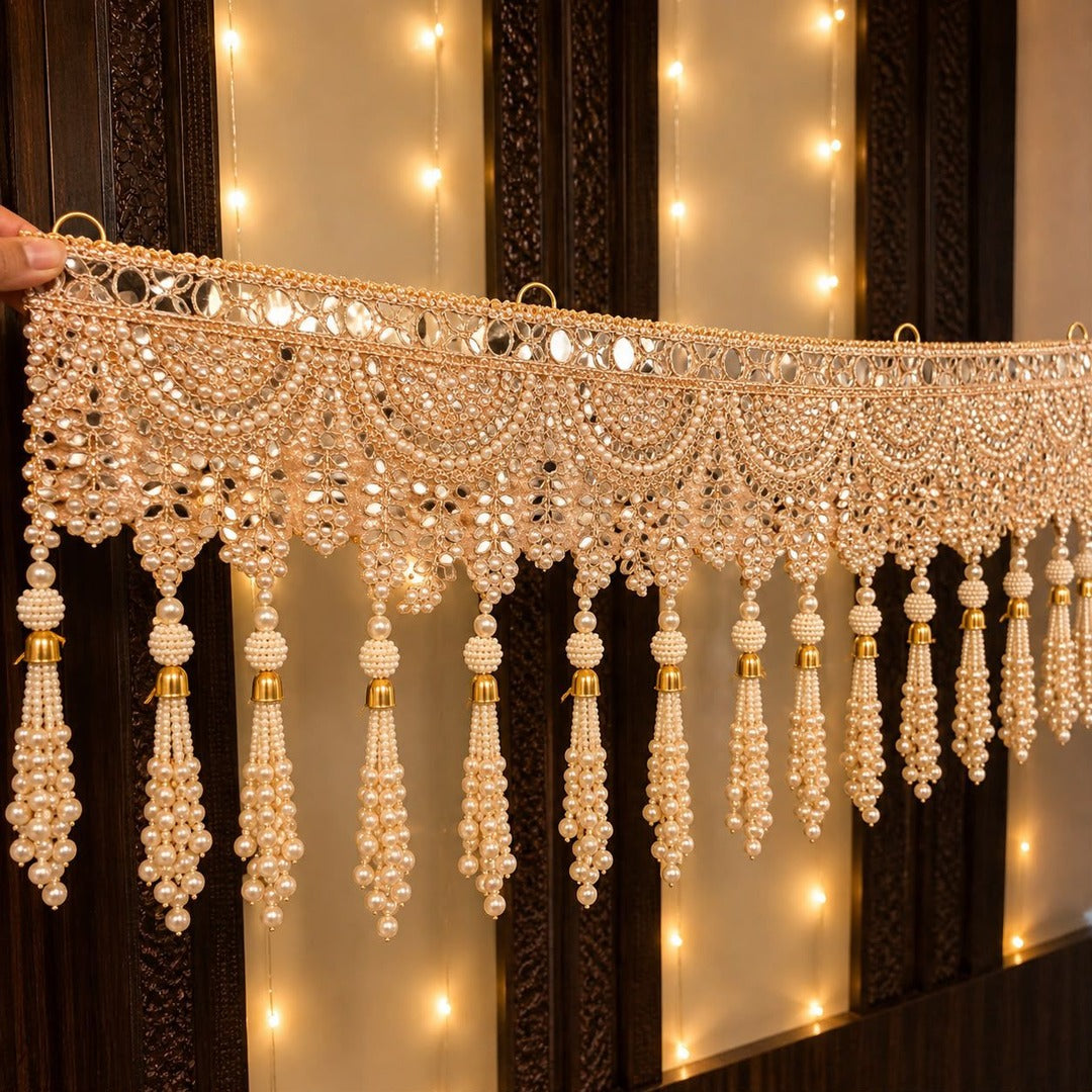 Champagne pearl tassel mirror toran for the main door styled for Diwali - Divine Sansar