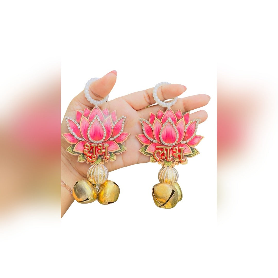 Pink lotus Shubh Labh hanging pair with gold bells styled for Diwali - Divine Sansar