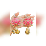 Pink lotus Shubh Labh hanging pair with gold bells styled for Diwali - Divine Sansar