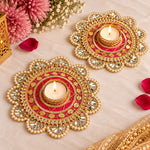 Pink mirror floral kundan tealight platter 6 inch styled for Diwali - Divine Sansar