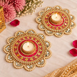 Pink mirror floral kundan tealight platter 6 inch styled for Diwali - Divine Sansar