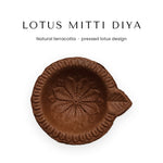 Plain mitti diya with pressed lotus design, top view - Divine Sansar