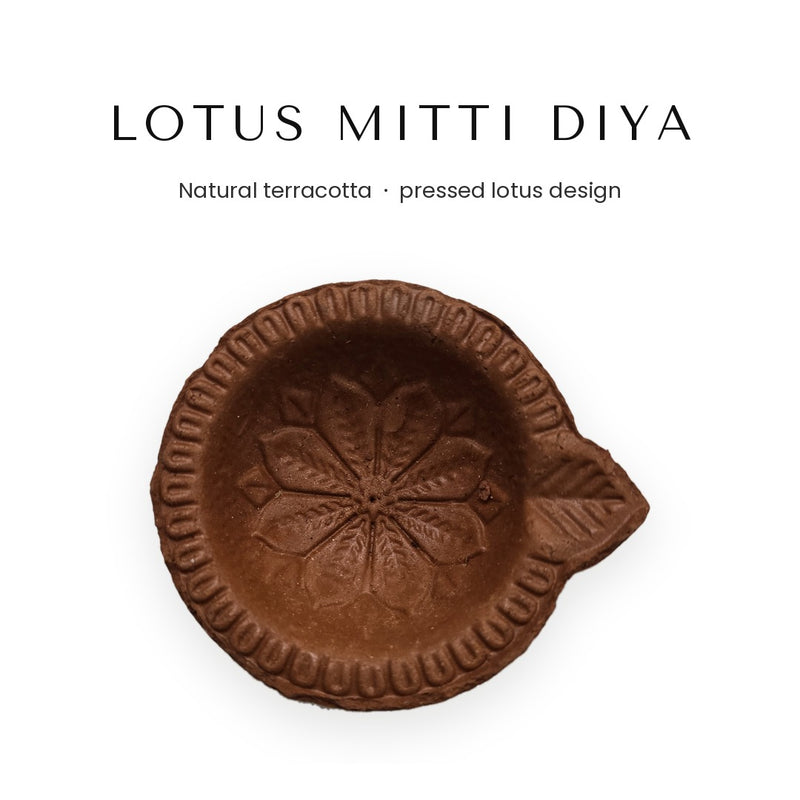 Plain mitti diya with pressed lotus design, top view - Divine Sansar