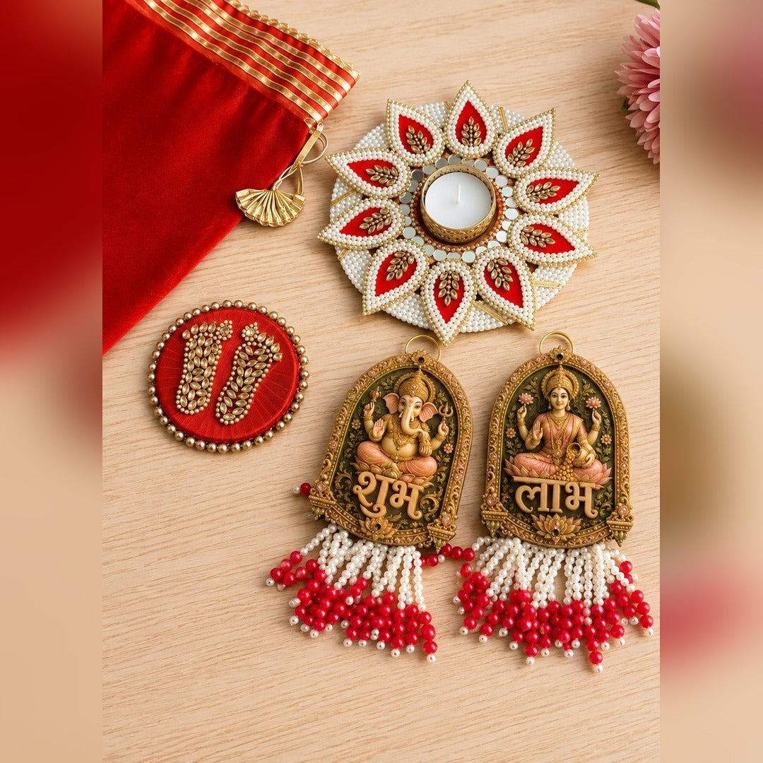 Red pearl Diwali gift set with Ganesh Lakshmi Shubh Labh and tealight holder styled for Diwali - Divine Sansar