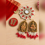Red pearl Diwali gift set with Ganesh Lakshmi Shubh Labh and tealight holder styled for Diwali - Divine Sansar