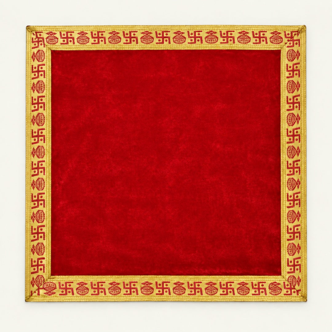 Red velvet pooja aasan cloth 45x45 cm with woven swastik border - Divine Sansar