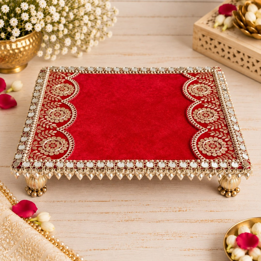 Red velvet zari pooja chowki 9 x 7 inch with gold feet styled for Diwali - Divine Sansar