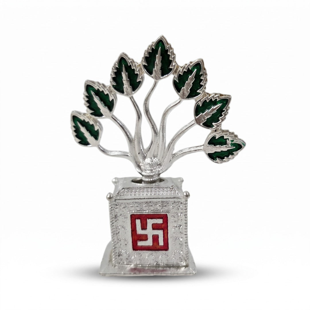 Silver finish metal Tulsi plant with green enamel leaves for home mandir - Divine Sansar