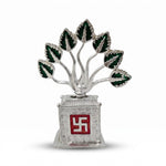 Silver finish metal Tulsi plant with green enamel leaves for home mandir - Divine Sansar