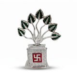 Silver finish metal Tulsi plant with green enamel leaves for home mandir - Divine Sansar