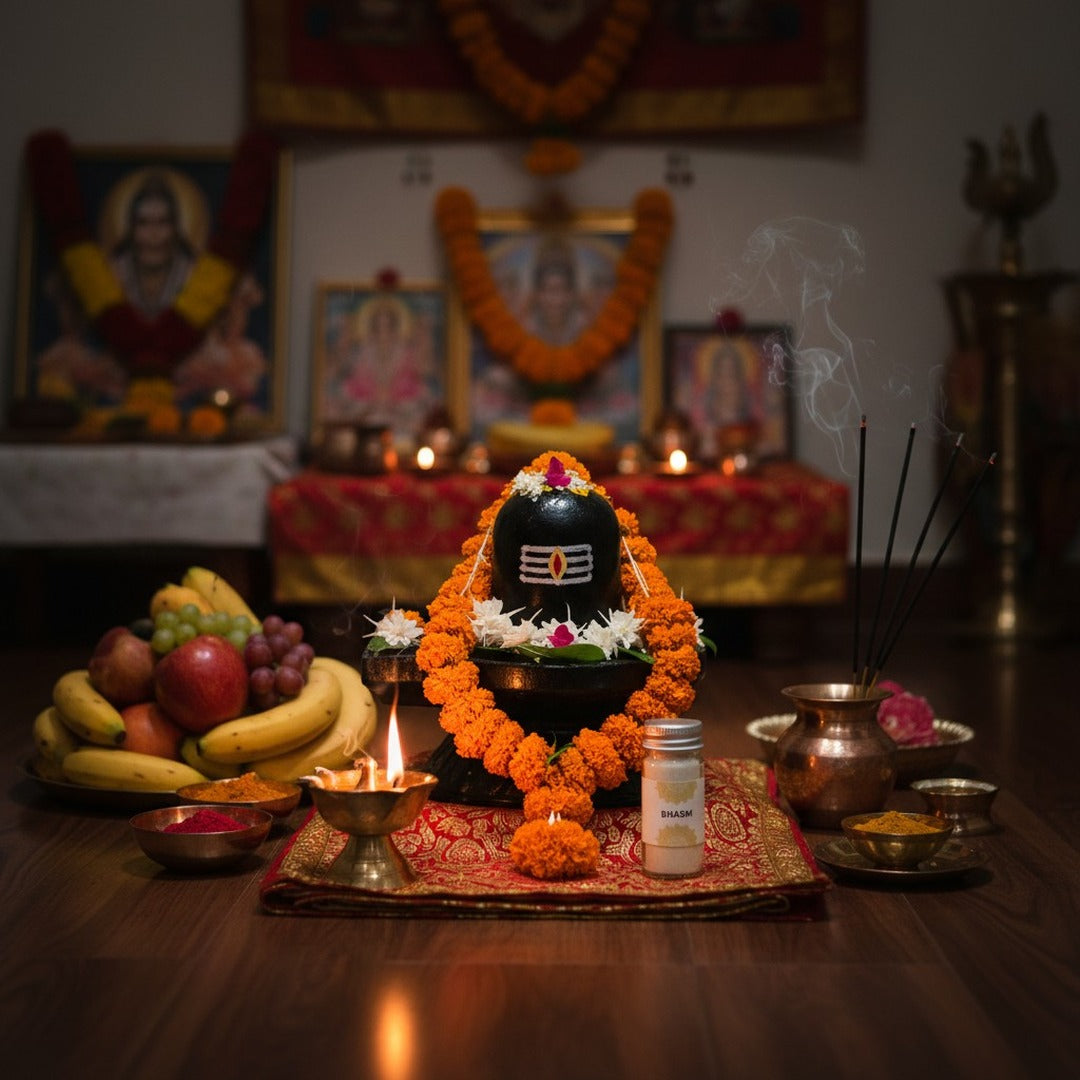 Vibhuti bhasm jar beside a Shivling decorated with marigold for Shiva pooja - Divine Sansar