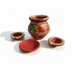 Clay karwa with lid and 2 gold-rim clay diyas set for Karwa Chauth - Divine Sansar