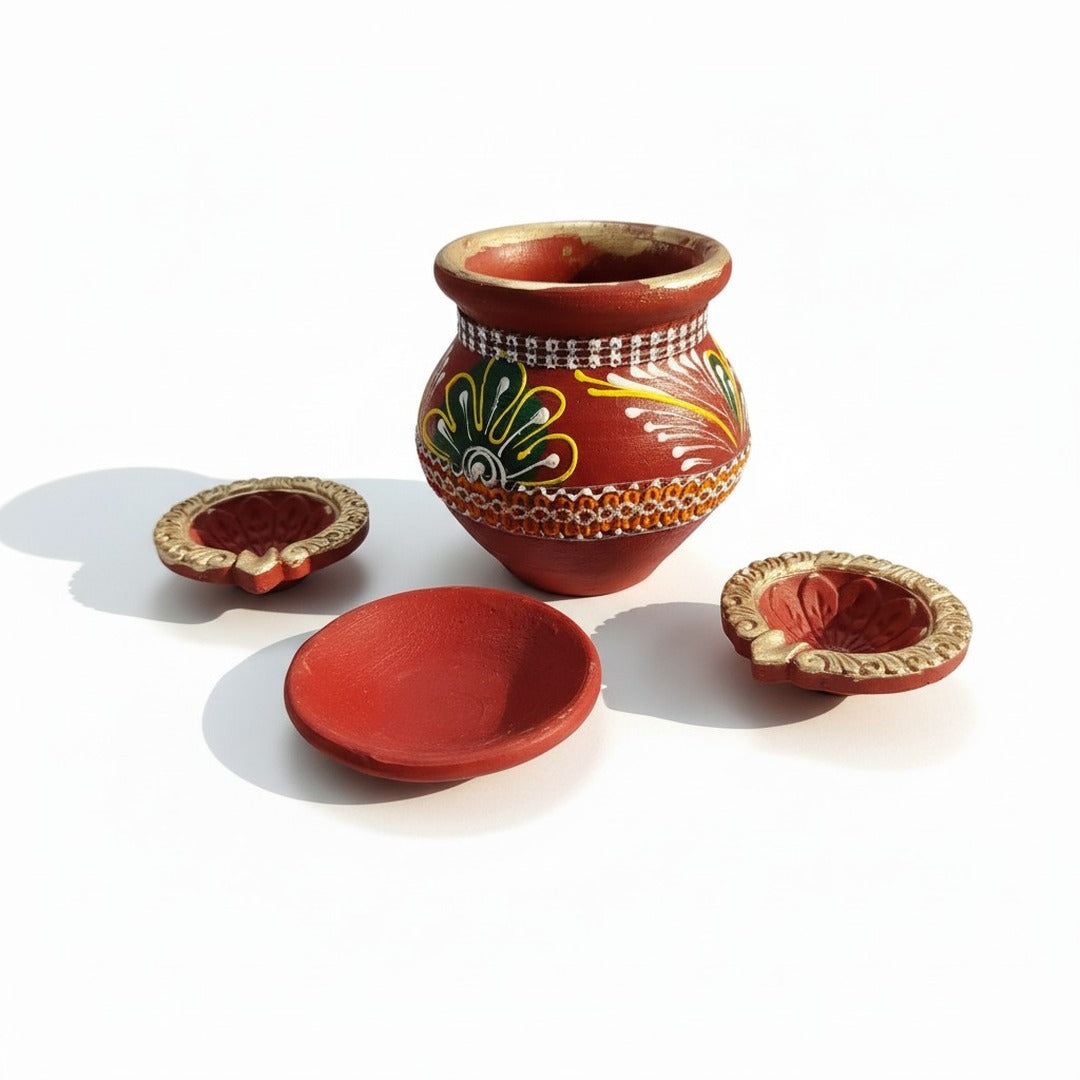 Hand-painted clay kalash with lid and 2 clay diyas added to the Navratri jau sowing kit - Divine Sansar