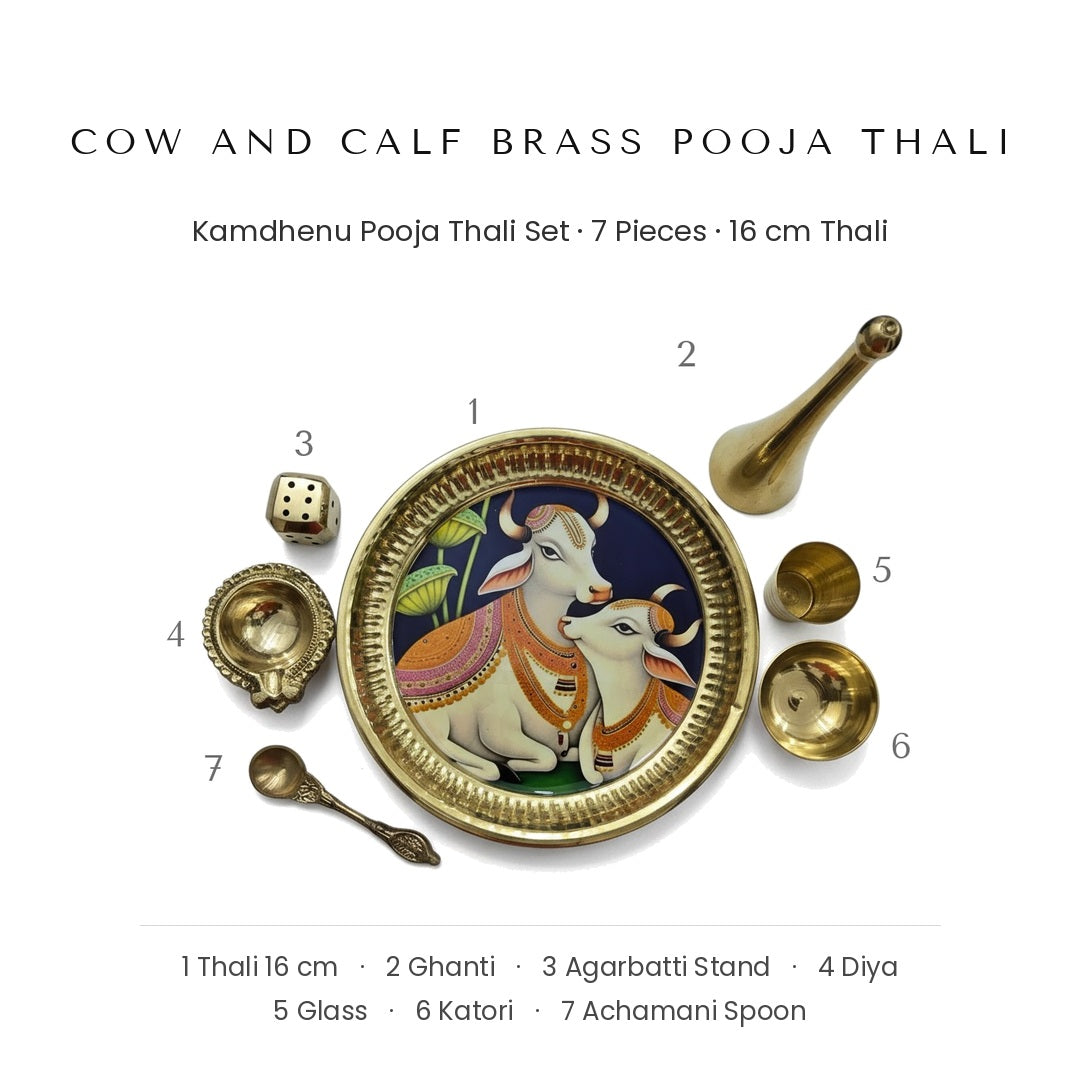 What is in the cow and calf brass pooja thali set - 16cm thali, ghanti, agarbatti stand, diya, glass, katori, achamani spoon - Divine Sansar