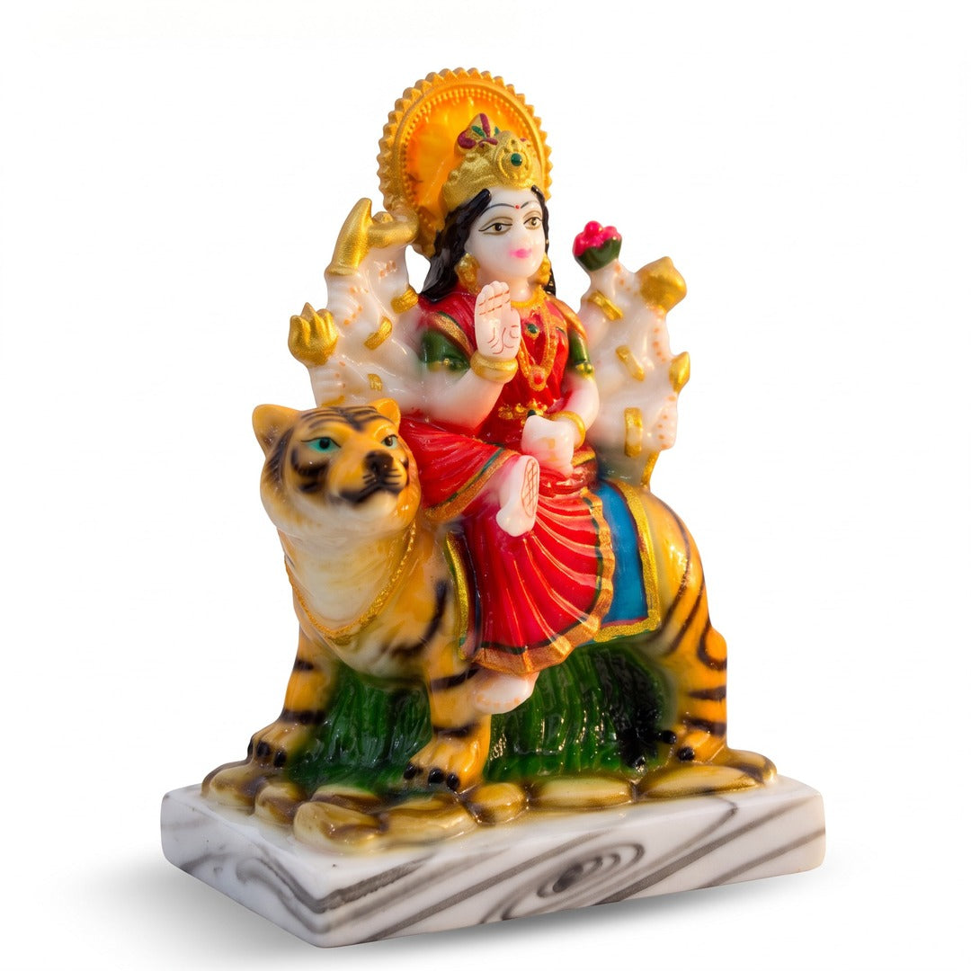 Side view of Durga Maa murti on her tiger showing the painted stripes and red saree - Divine Sansar