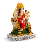 Side view of Durga Maa murti on her tiger showing the painted stripes and red saree - Divine Sansar