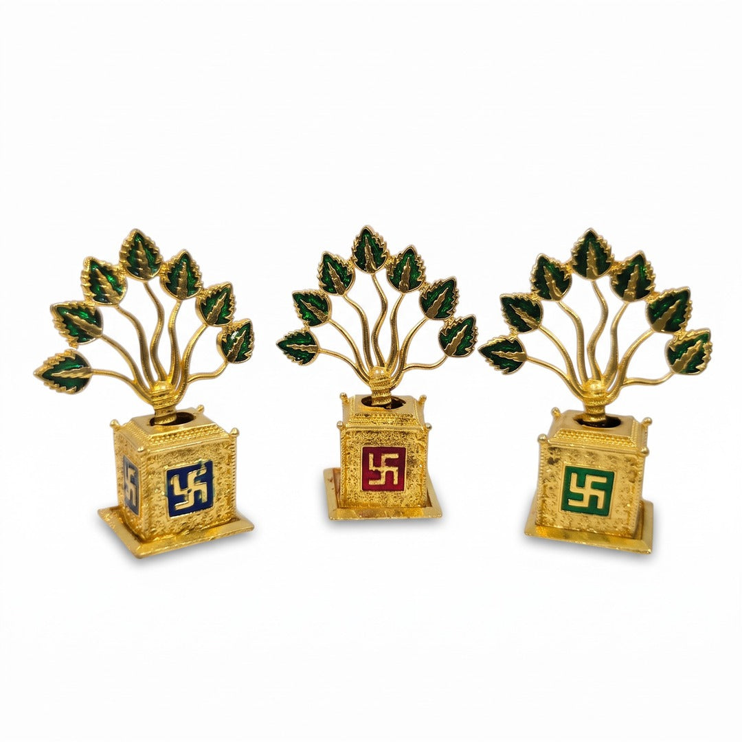 Golden metal Tulsi plants with blue, red and green Swastik base - Divine Sansar