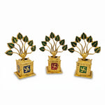 Golden metal Tulsi plants with blue, red and green Swastik base - Divine Sansar