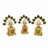 Golden metal Tulsi plants with blue, red and green Swastik base - Divine Sansar