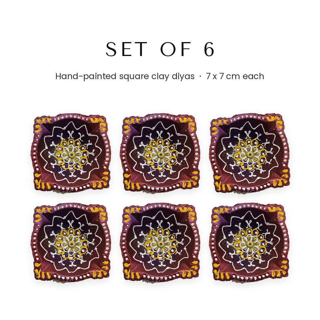 Set of 6 hand-painted square clay diyas, 7 x 7 cm each - Divine Sansar