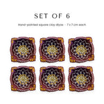 Set of 6 hand-painted square clay diyas, 7 x 7 cm each - Divine Sansar