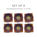 Set of 6 hand-painted square clay diyas, 7 x 7 cm each - Divine Sansar