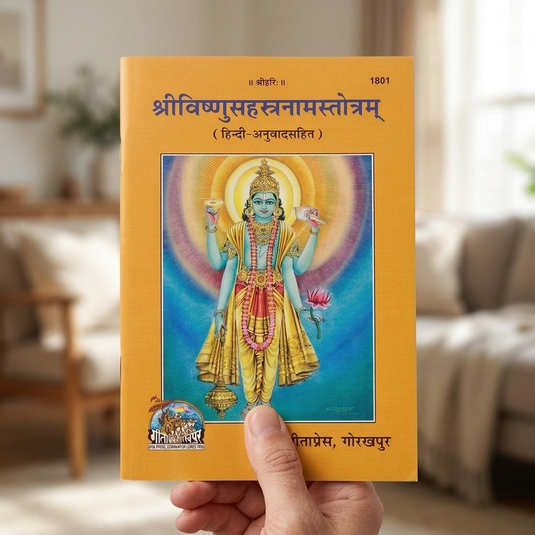 Hand holding pocket-size Vishnu Sahasranam Hindi booklet - Divine Sansar