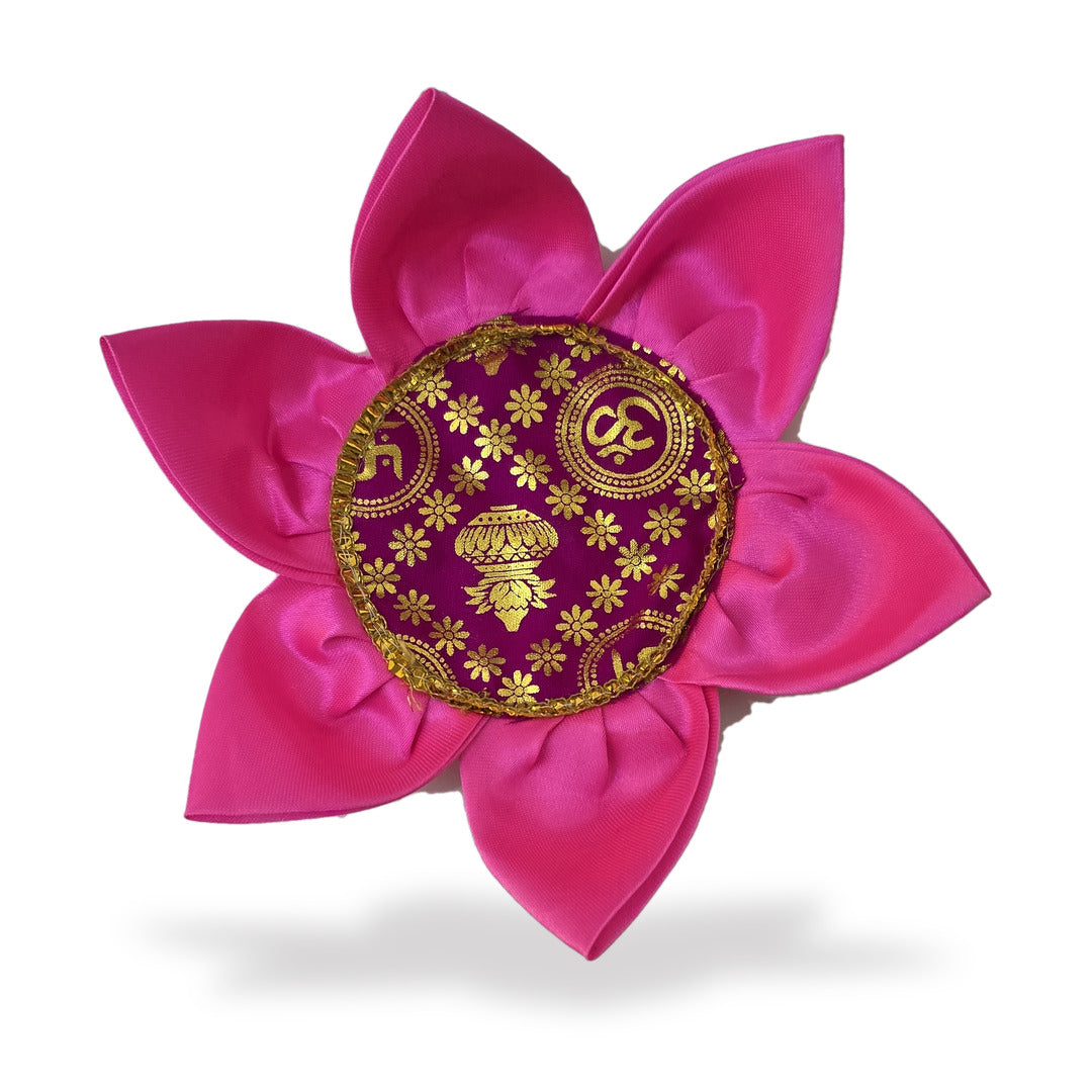Bright pink satin Kamal Aasan lotus seat with gold Om, Swastik and Kalash printed centre by Divine Sansar