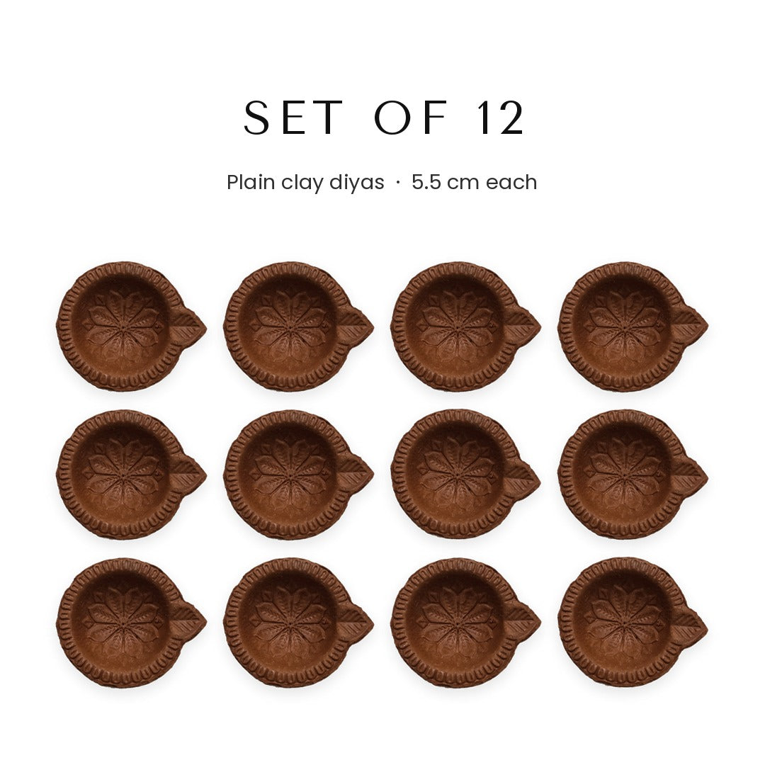 Set of 12 plain clay diyas, 5.5 cm each - Divine Sansar