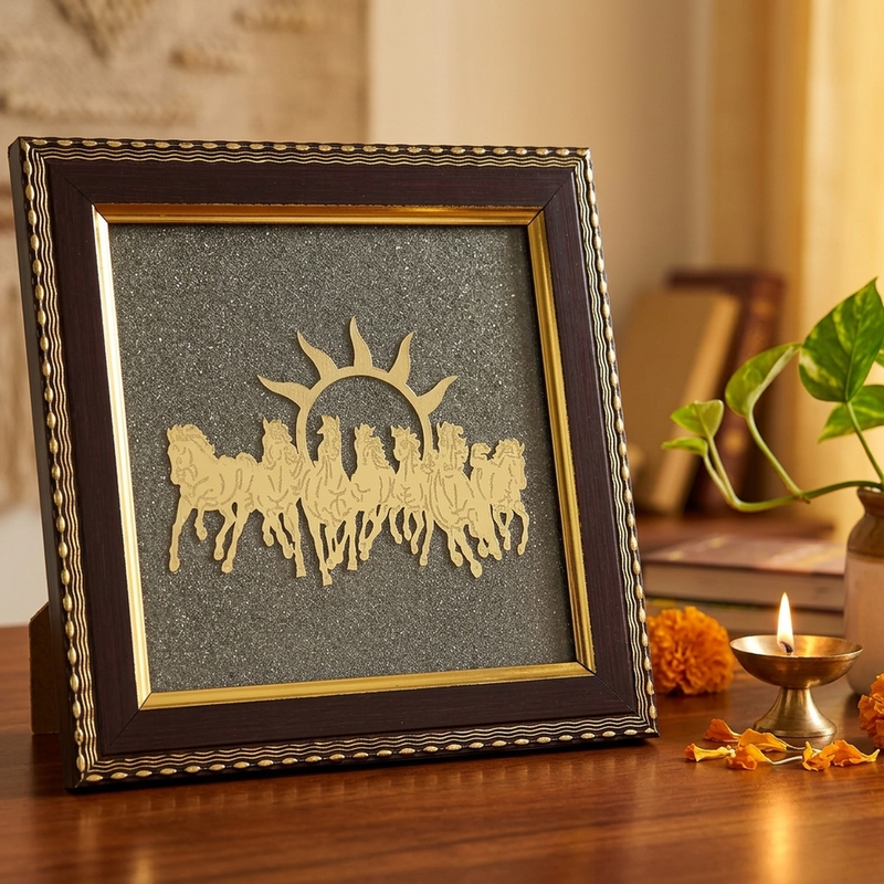 Divine Sansar Seven Running Horses pyrite frame on office desk with brass diya - Vastu success decor UAE