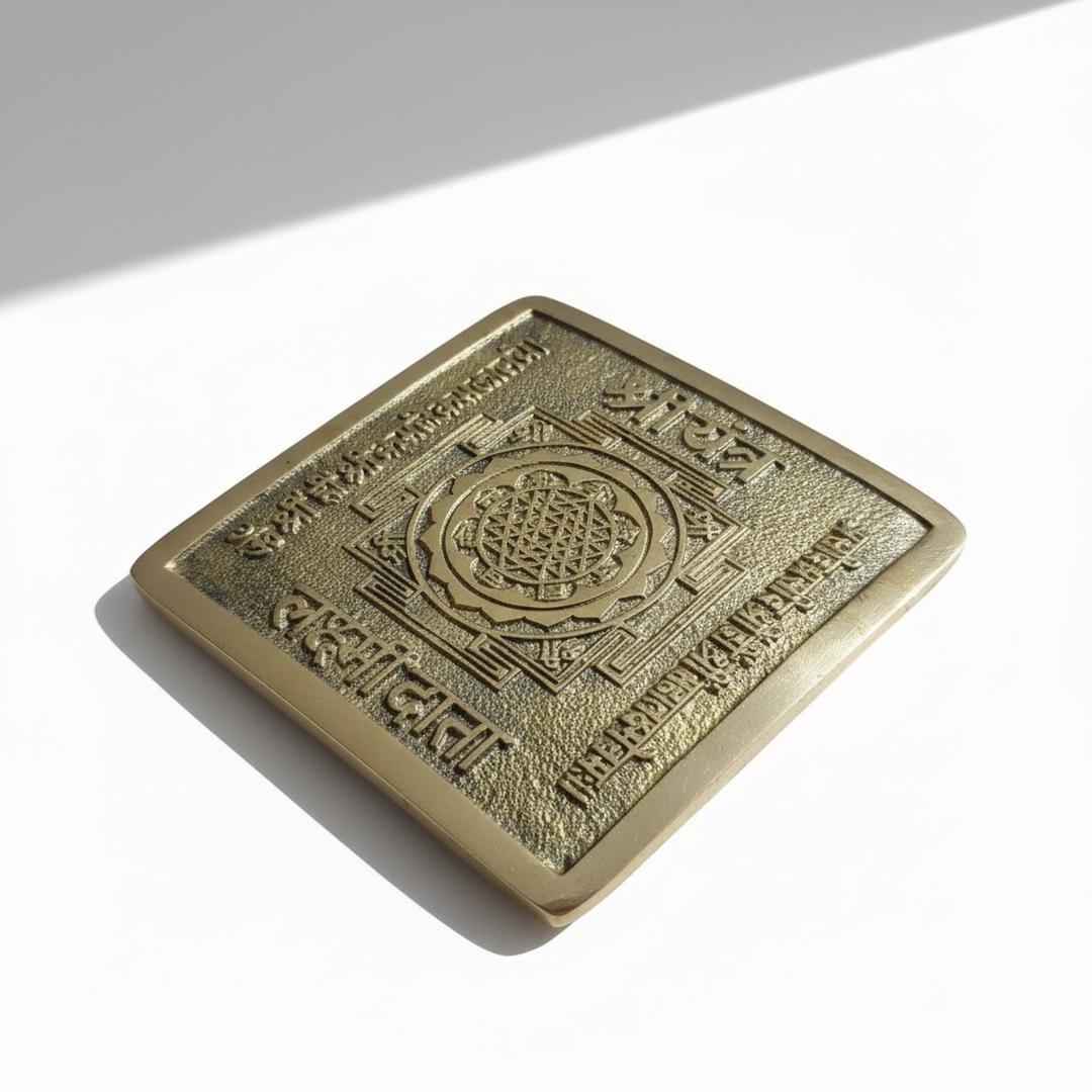 Shree Yantra ashtadhatu plate angled view showing cast thickness - Divine Sansar