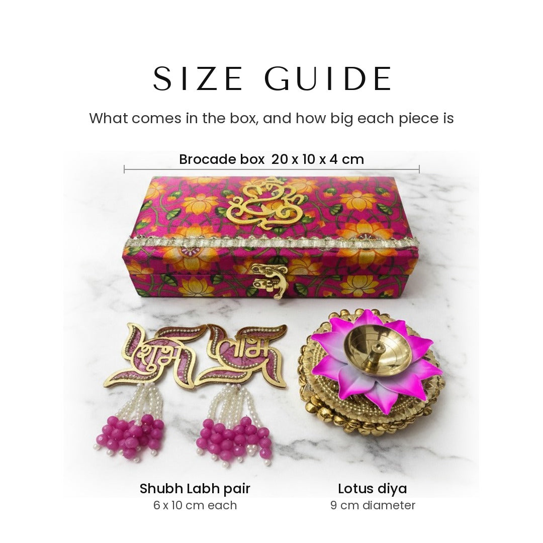 Ganesh gift box set size guide - 20 x 10 x 4 cm box, 6 x 10 cm Shubh Labh, 9 cm lotus diya - Divine Sansar