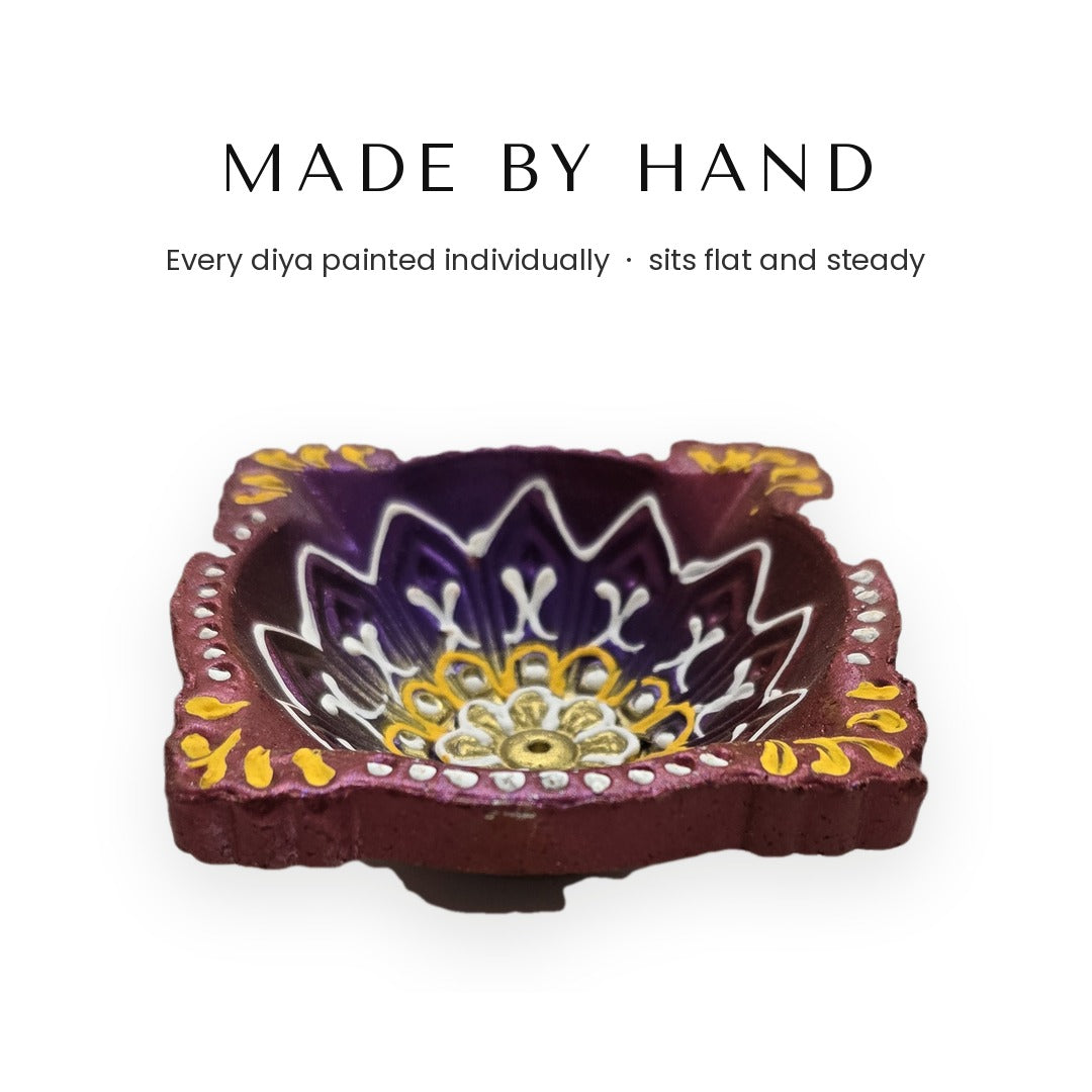Decorative square clay diya side view showing hand-painted detail - Divine Sansar