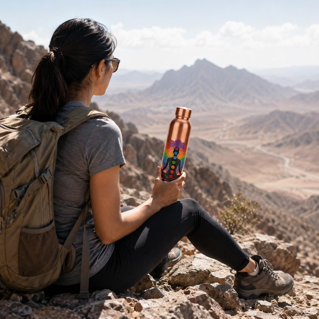 Copper Tamra Jal water bottle on an outdoor hike - Divine Sansar