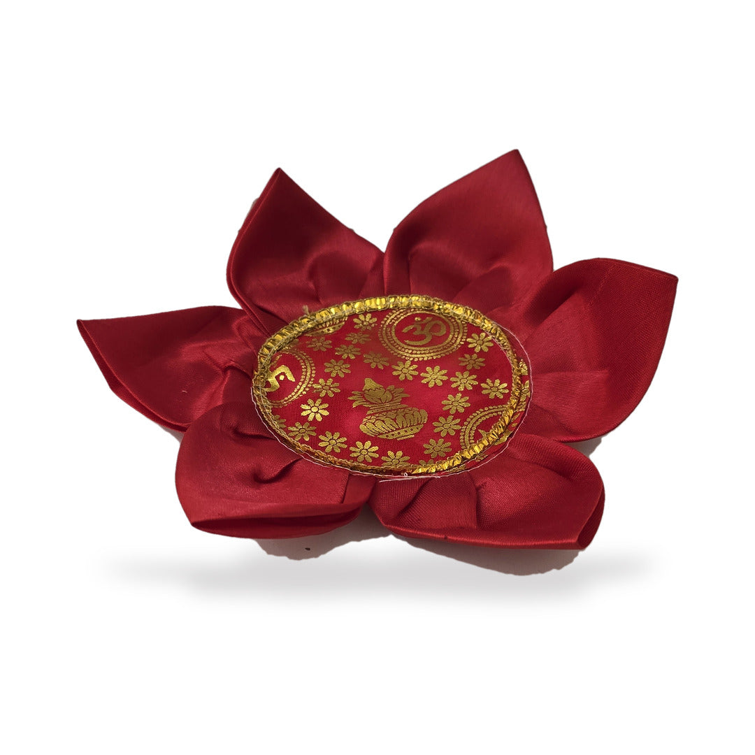 Side profile of the red Divine Sansar Kamal Aasan showing the stitched satin lotus petals