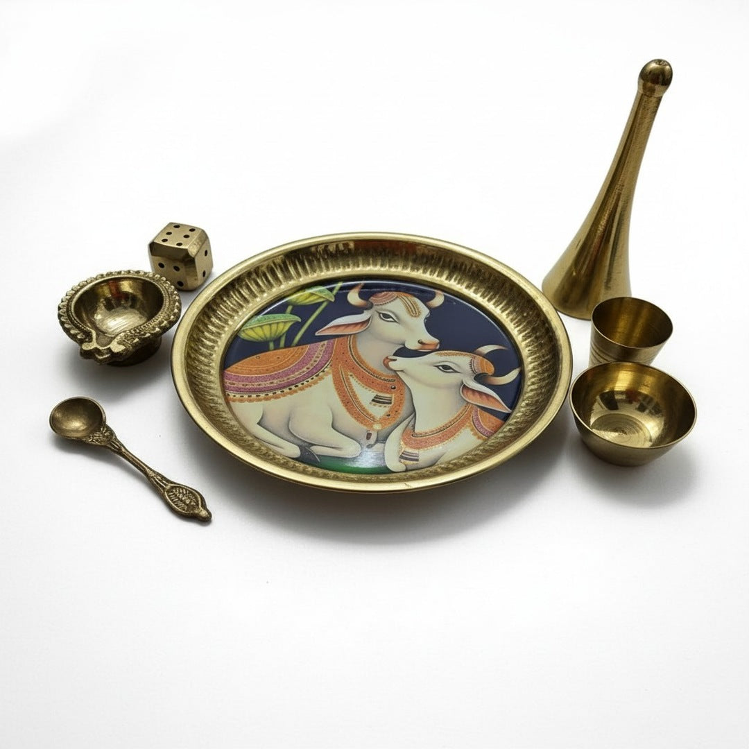 Kamdhenu cow and calf brass thali set 16cm, seven brass pooja pieces - Divine Sansar