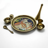 Kamdhenu cow and calf brass thali set 16cm, seven brass pooja pieces - Divine Sansar